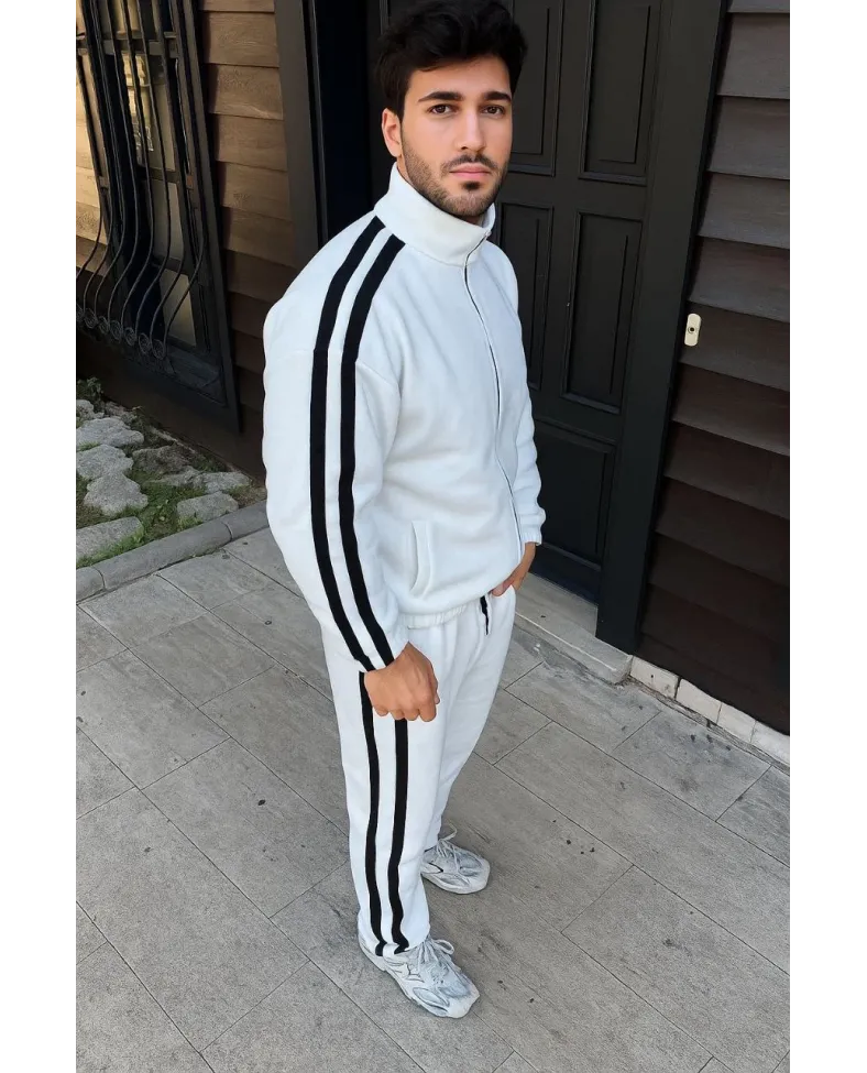 Erkek Çift Şeritli Eşofman Takım Dik Yaka Fermuarlı Sweatshirt Boru Paça Alt - Beyaz