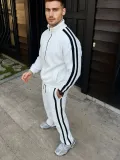 Erkek Çift Şeritli Eşofman Takım Dik Yaka Fermuarlı Sweatshirt Boru Paça Alt - Beyaz