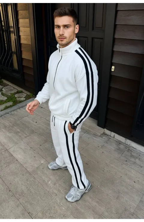 Erkek Çift Şeritli Eşofman Takım Dik Yaka Fermuarlı Sweatshirt Boru Paça Alt, Oversize 3 iplik Pamuklu - Beyaz