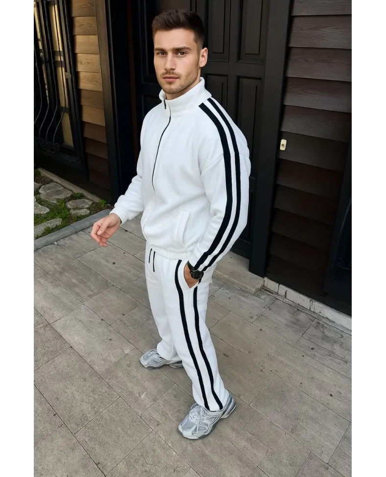 Erkek Çift Şeritli Eşofman Takım Dik Yaka Fermuarlı Sweatshirt Boru Paça Alt - Beyaz