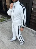 Erkek Çift Şeritli Eşofman Takım Dik Yaka Fermuarlı Sweatshirt Boru Paça Alt - Beyaz