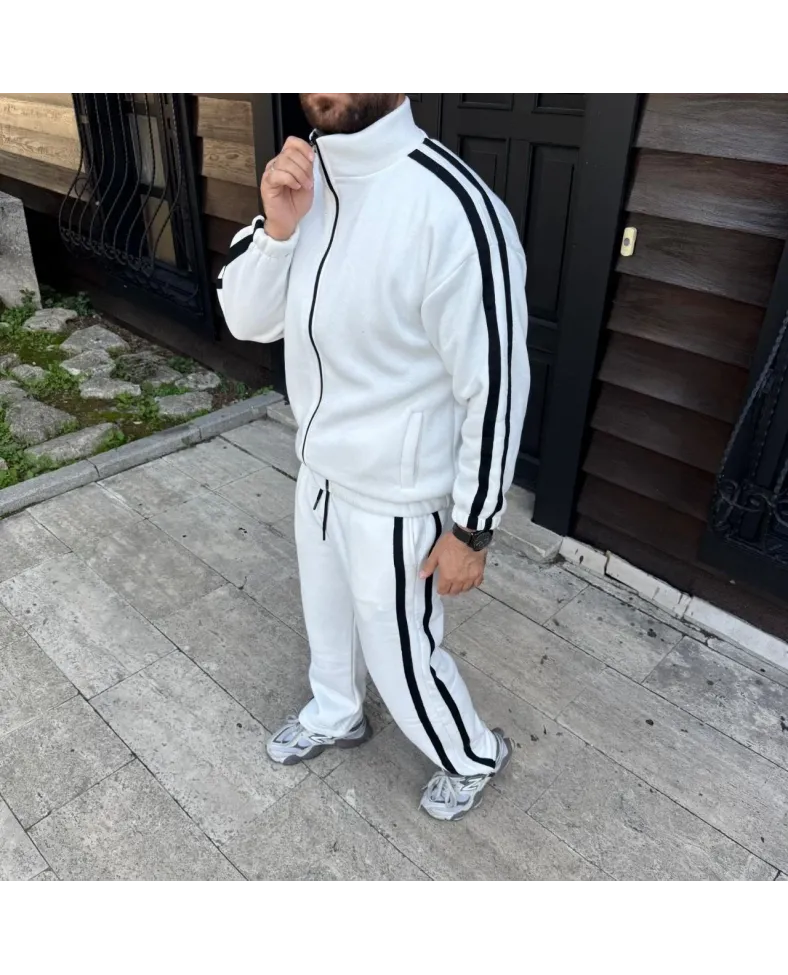 Erkek Çift Şeritli Eşofman Takım Dik Yaka Fermuarlı Sweatshirt Boru Paça Alt - Beyaz