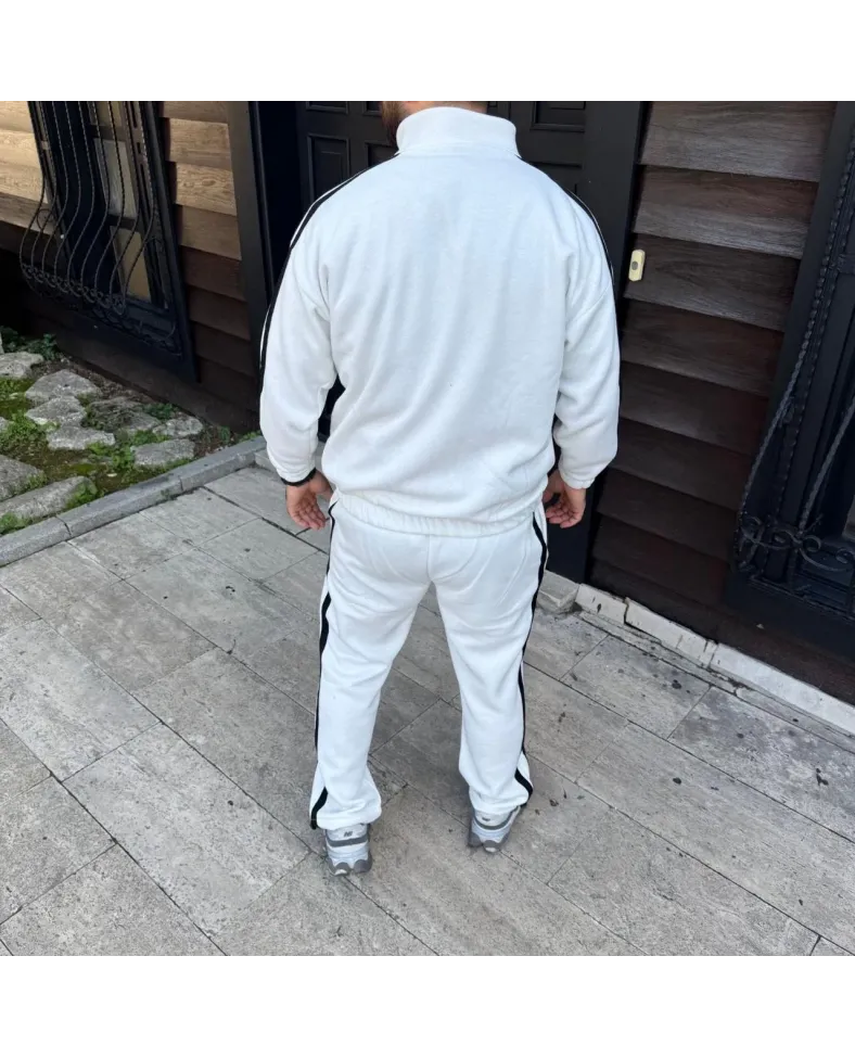 Erkek Çift Şeritli Eşofman Takım Dik Yaka Fermuarlı Sweatshirt Boru Paça Alt - Beyaz