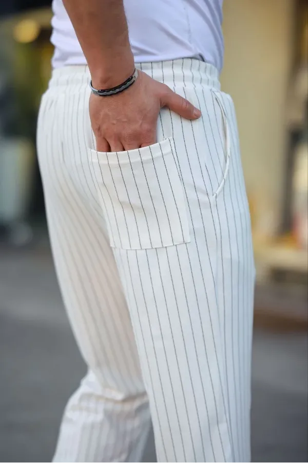 Erkek Cizgili Dokuma Krep Jogger Buggy Pantalon Rahat kalıp - Beyaz