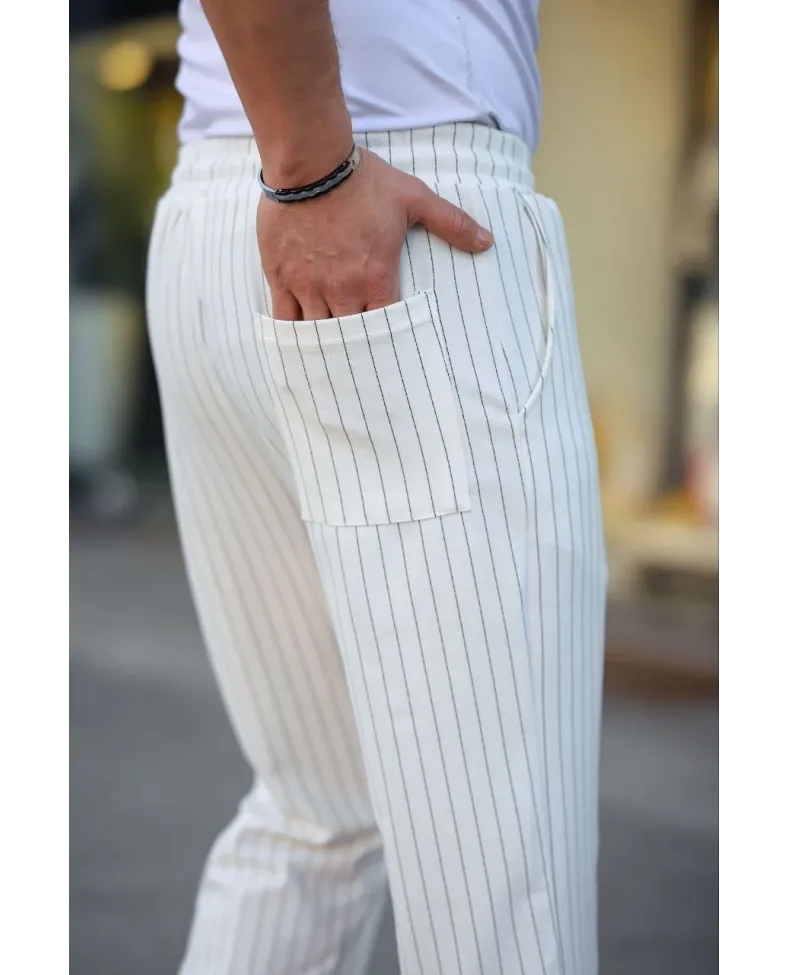 Erkek Cizgili Dokuma Krep Jogger Buggy Pantolon Rahat kalıp - Beyaz Somersan Giyim | Kadın, Erkek ve Çocuk Moda