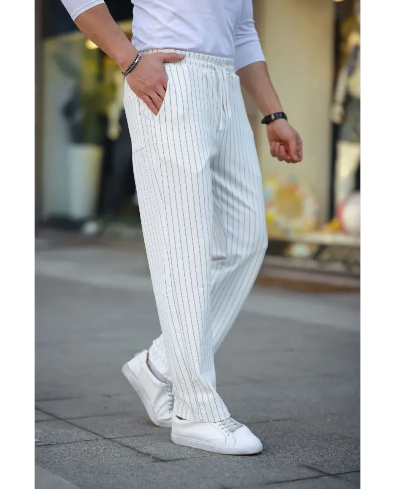 Erkek Cizgili Dokuma Krep Jogger Buggy Pantolon Rahat kalıp - Beyaz Somersan Giyim | Kadın, Erkek ve Çocuk Moda