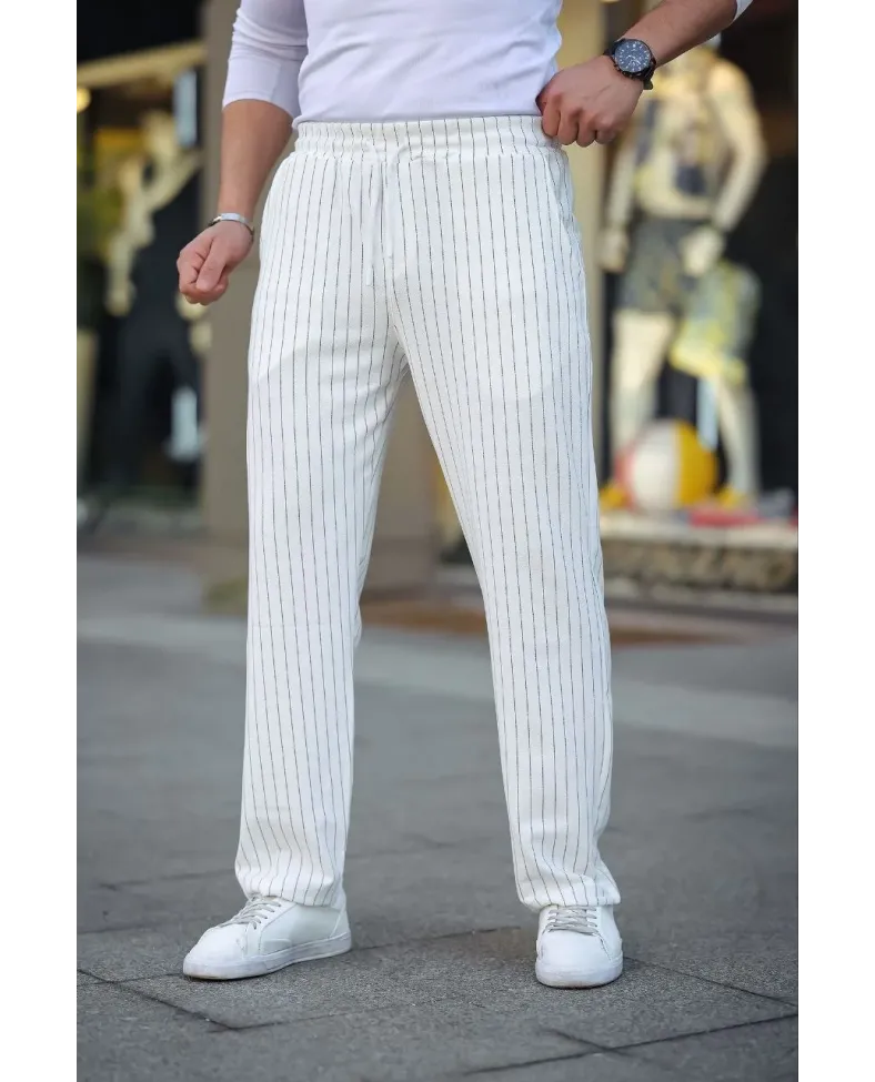 Erkek Cizgili Dokuma Krep Jogger Buggy Pantolon Rahat kalıp - Beyaz Somersan Giyim | Kadın, Erkek ve Çocuk Moda