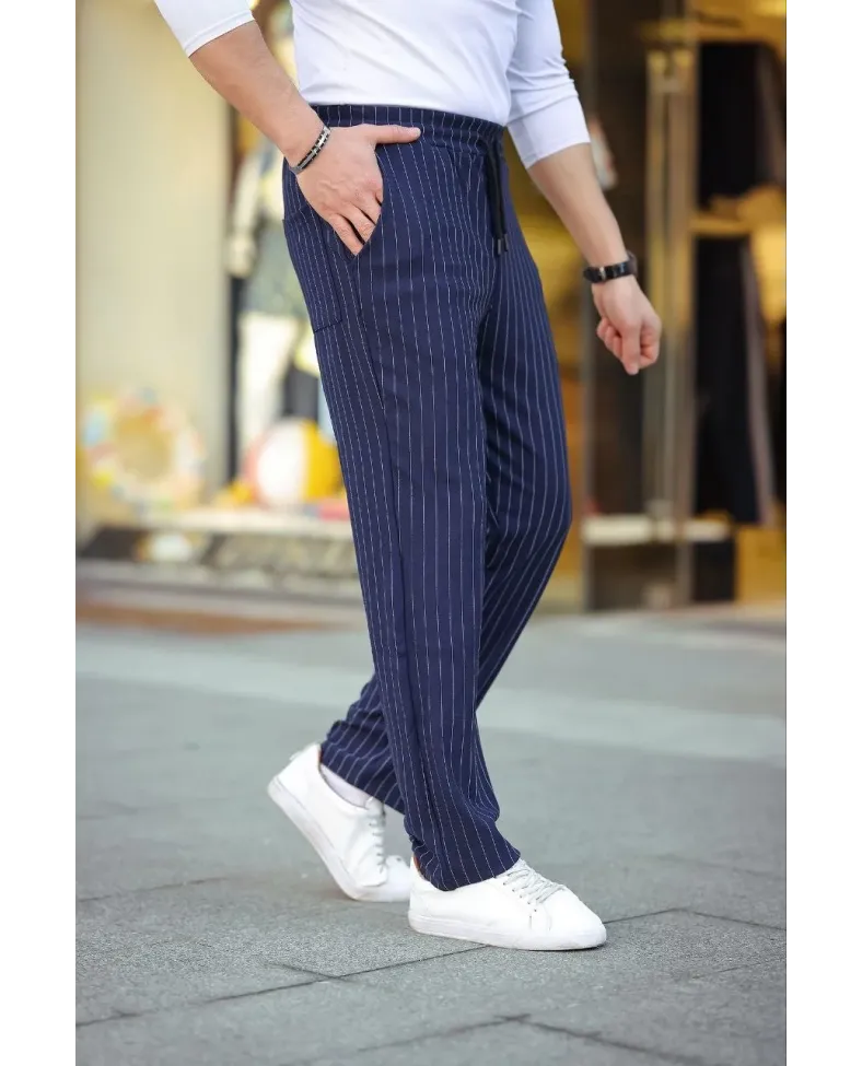 Erkek Cizgili Dokuma Krep Jogger Buggy Pantalon Rahat kalıp - Lacivert