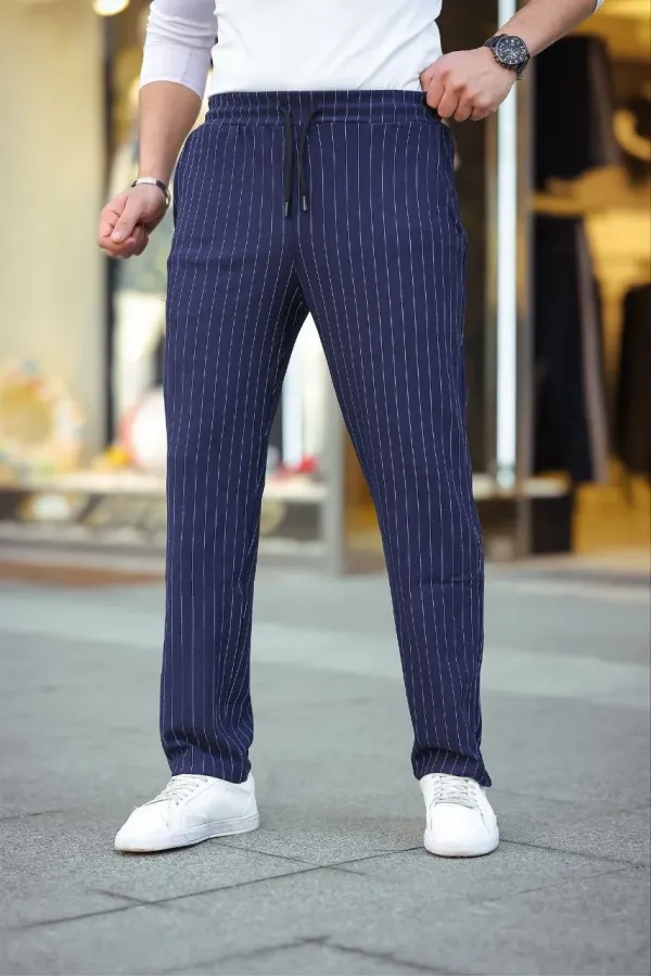 Erkek Cizgili Dokuma Krep Jogger Buggy Pantalon Rahat kalıp - Lacivert