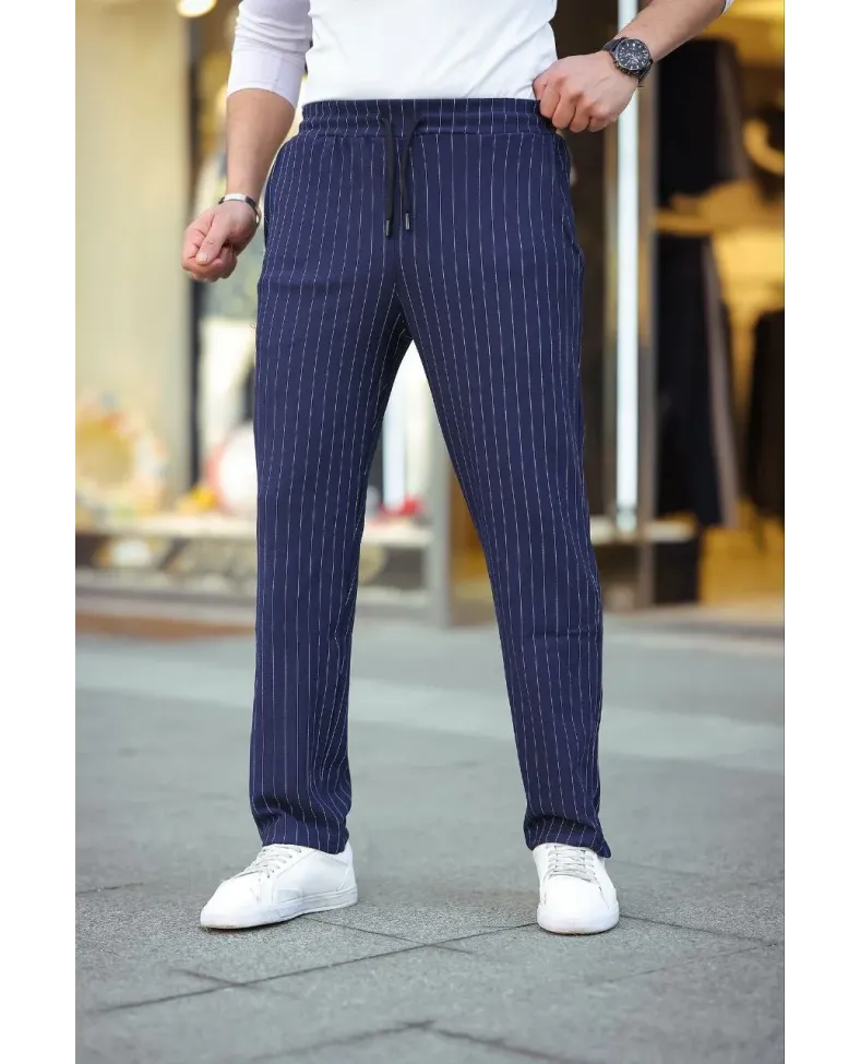 Erkek Cizgili Dokuma Krep Jogger Buggy Pantalon Rahat kalıp - Lacivert