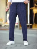 Erkek Cizgili Dokuma Krep Jogger Buggy Pantalon Rahat kalıp - Lacivert