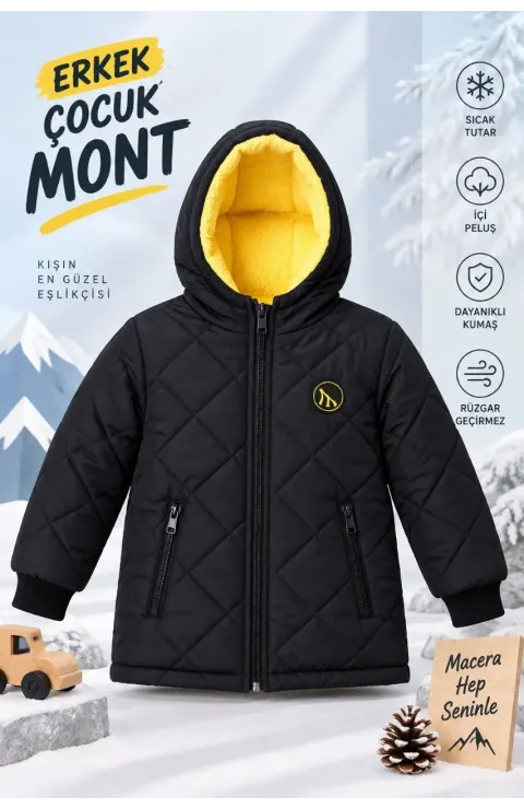 Erkek Çocuk İçi Pelüş Astarlı Kapüşonlu Kapitone Fermuarlı Kışlık Şişme Mont
