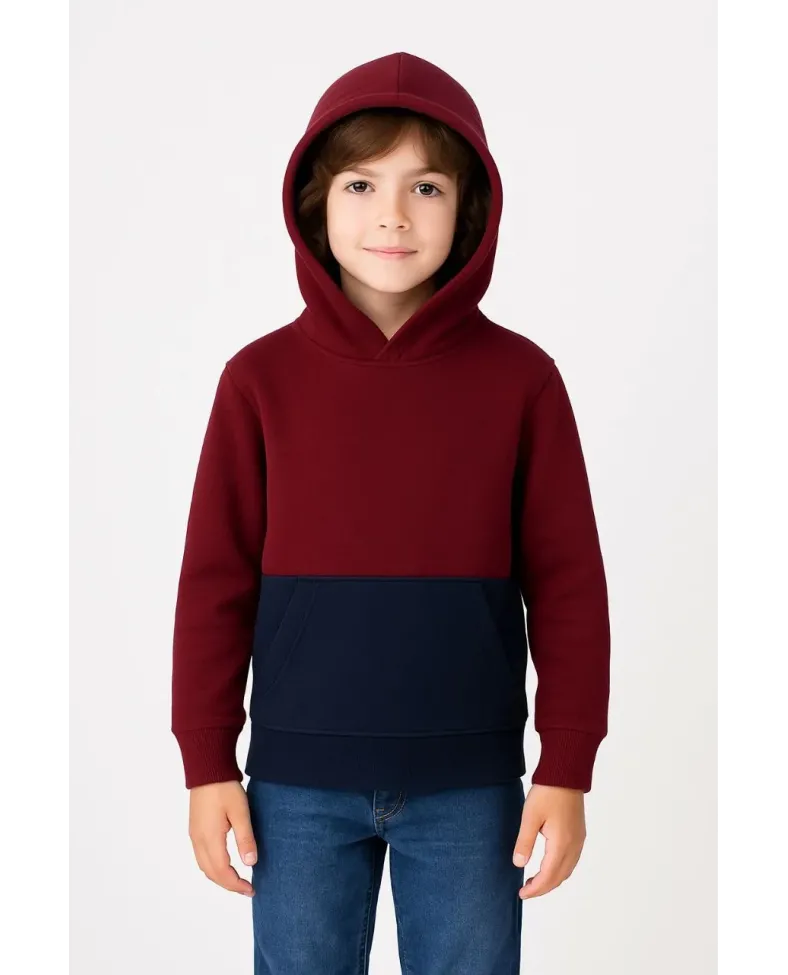Erkek Çocuk Kapüşonlu Kanguru Cepli Parçalı SweatShirt - Renkli