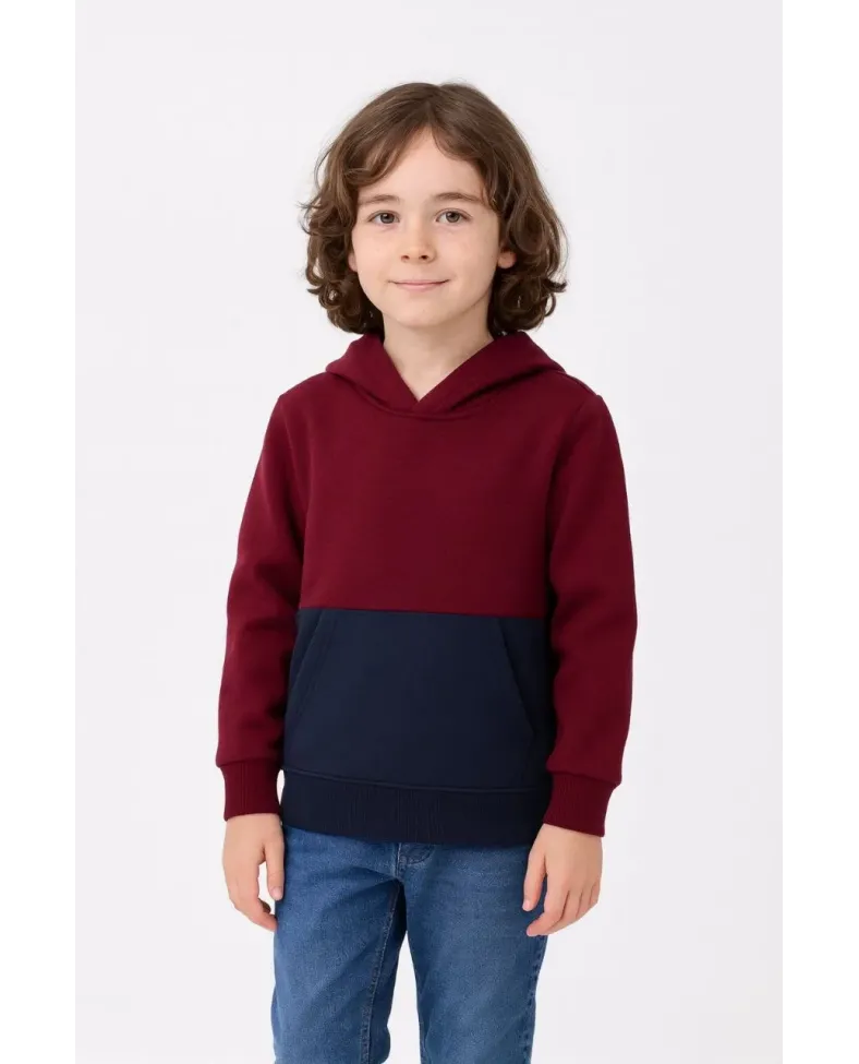 Erkek Çocuk Kapüşonlu Kanguru Cepli Parçalı SweatShirt - Renkli