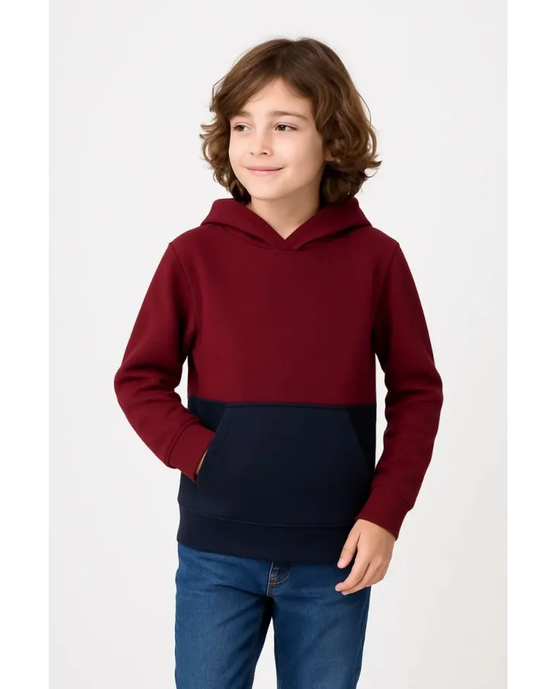Erkek Çocuk Kapüşonlu Kanguru Cepli Parçalı SweatShirt - Renkli