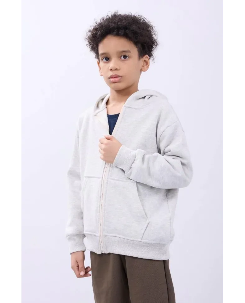 Erkek Çocuk Kapüşonlu Kanguru Çepli Tam Fermuarlı Hırka SweatShirt - Gri