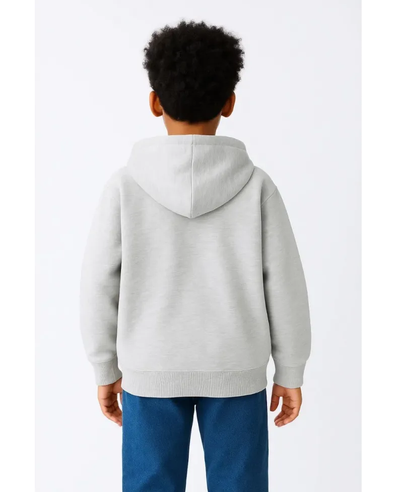 Erkek Çocuk Kapüşonlu Kanguru Çepli Tam Fermuarlı Hırka SweatShirt - Gri