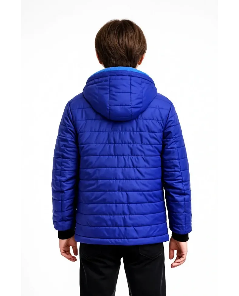 Erkek Çocuk Peluş Kürk Astarlı Cepli Kapüşonlu Fermuarlı Şişme Mont - Saks Mavisi