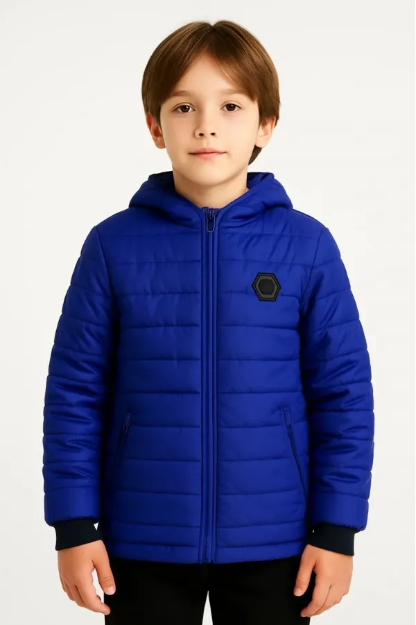 Erkek Çocuk Peluş Kürk Astarlı Cepli Kapüşonlu Fermuarlı Şişme Mont - Saks Mavisi