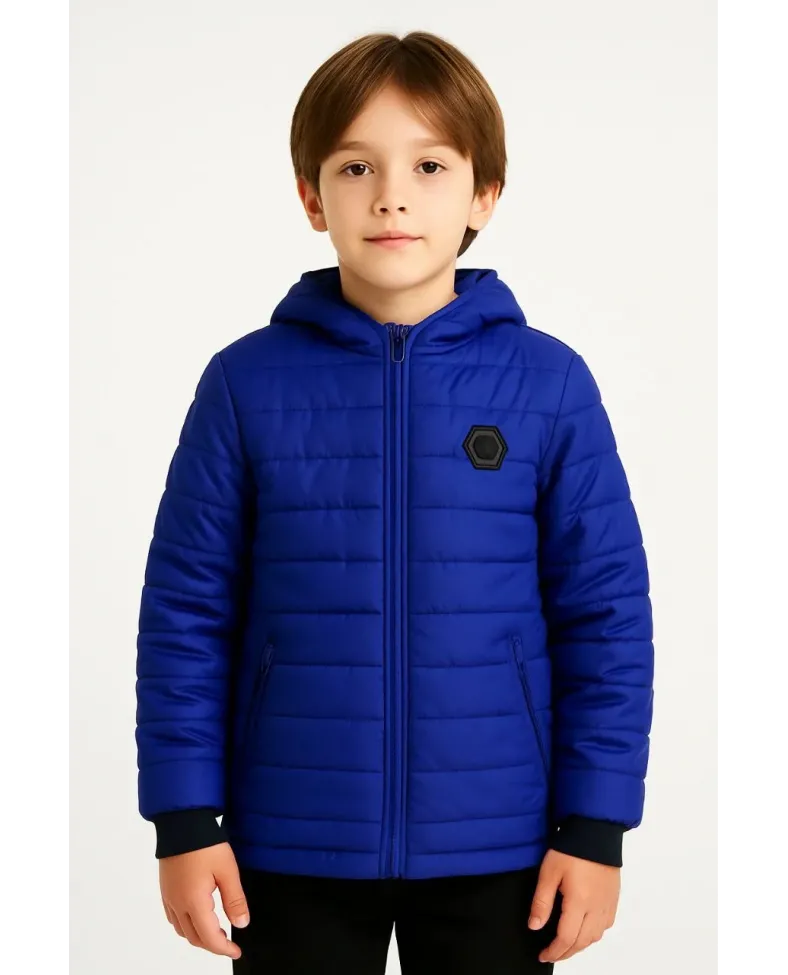 Erkek Çocuk Peluş Kürk Astarlı Cepli Kapüşonlu Fermuarlı Şişme Mont - Saks Mavisi