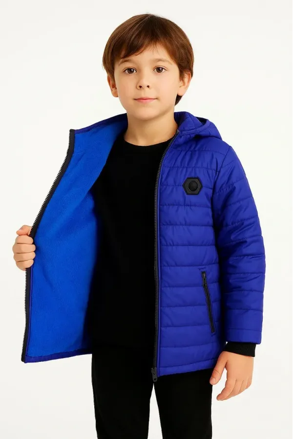Erkek Çocuk Peluş Kürk Astarlı Cepli Kapüşonlu Fermuarlı Şişme Mont - Saks Mavisi