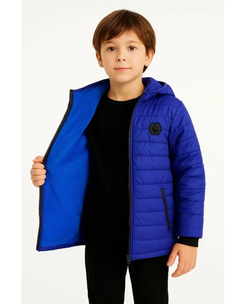 Erkek Çocuk Peluş Kürk Astarlı Cepli Kapüşonlu Fermuarlı Şişme Mont - Saks Mavisi