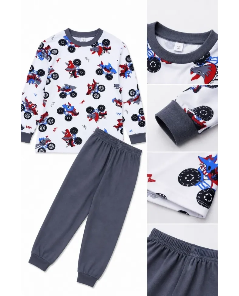 Erkek Çocuk Premium Penye Canavar Araba Desenli Uzun Kollu Pijama Takımı 2-11 Yaş - Füme
