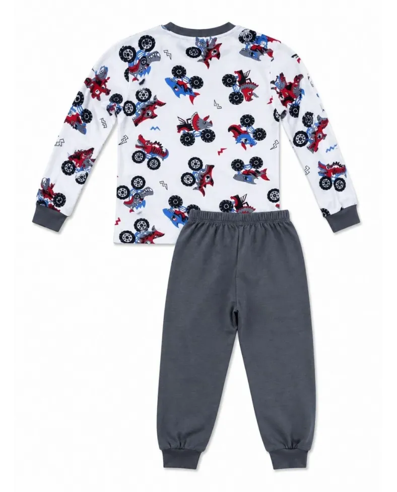 Erkek Çocuk Premium Penye Canavar Araba Desenli Uzun Kollu Pijama Takımı 2-11 Yaş - Füme