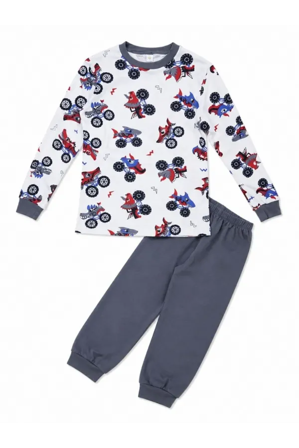 Erkek Çocuk Premium Penye Canavar Araba Desenli Uzun Kollu Pijama Takımı 2-11 Yaş - Füme