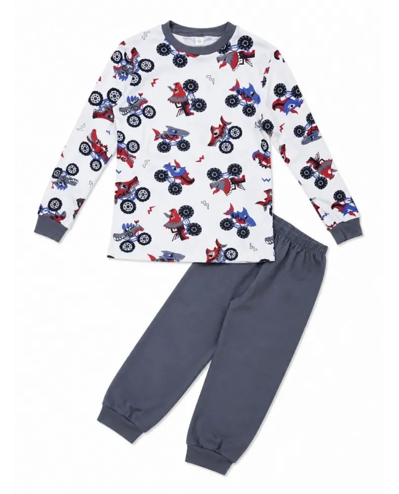 Erkek Çocuk Premium Penye Canavar Araba Desenli Uzun Kollu Pijama Takımı 2-11 Yaş - Füme