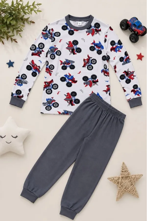 Erkek Çocuk Premium Penye Canavar Araba Desenli Uzun Kollu Pijama Takımı 2-11 Yaş - Füme