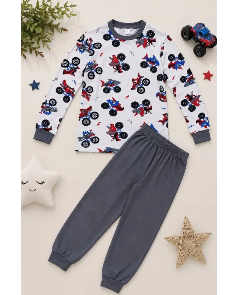 Erkek Çocuk Premium Penye Canavar Araba Desenli Uzun Kollu Pijama Takımı 2-11 Yaş - Füme
