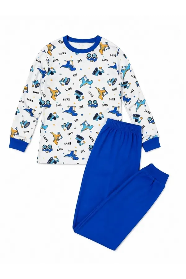 Erkek Çocuk Premium Penye Dinozor Desenli Uzun Kollu Pijama Takımı 2-11 Yaş - Mavi