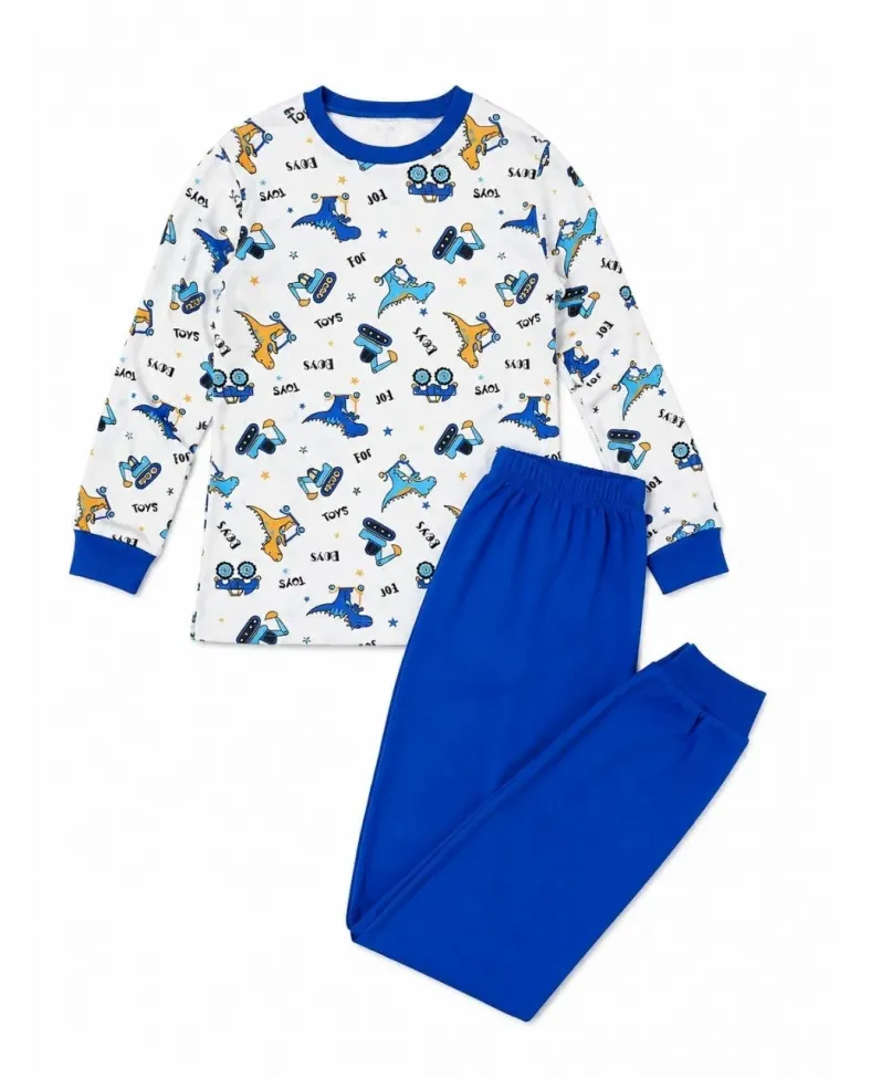 Erkek Çocuk Premium Penye Dinozor Desenli Uzun Kollu Pijama Takımı 2-11 Yaş - Mavi