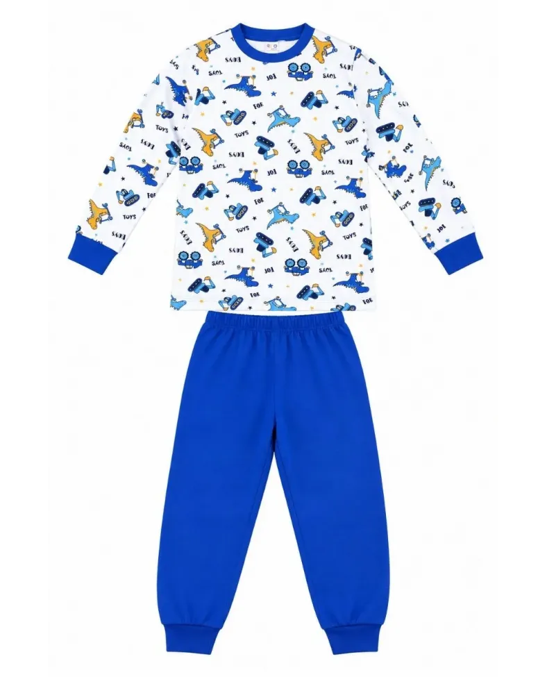 Erkek Çocuk Premium Penye Dinozor Desenli Uzun Kollu Pijama Takımı 2-11 Yaş - Mavi