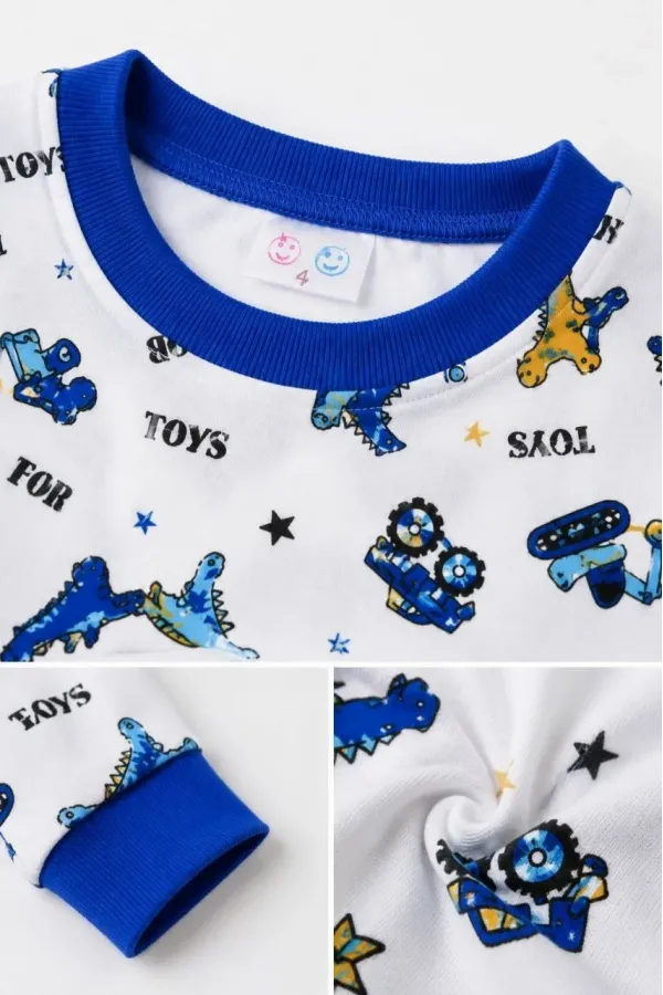 Erkek Çocuk Premium Penye Dinozor Desenli Uzun Kollu Pijama Takımı 2-11 Yaş - Mavi