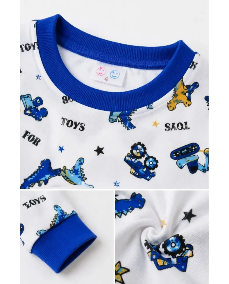 Erkek Çocuk Premium Penye Dinozor Desenli Uzun Kollu Pijama Takımı 2-11 Yaş - Mavi