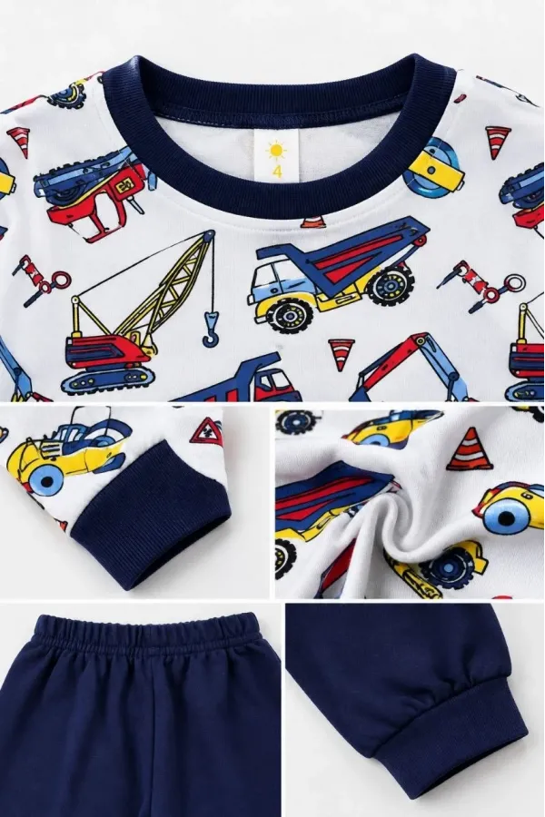 Erkek Çocuk Premium Penye İş Makinesi Desenli Uzun Kollu Pijama Takımı 2-11 Yaş - Lacivert