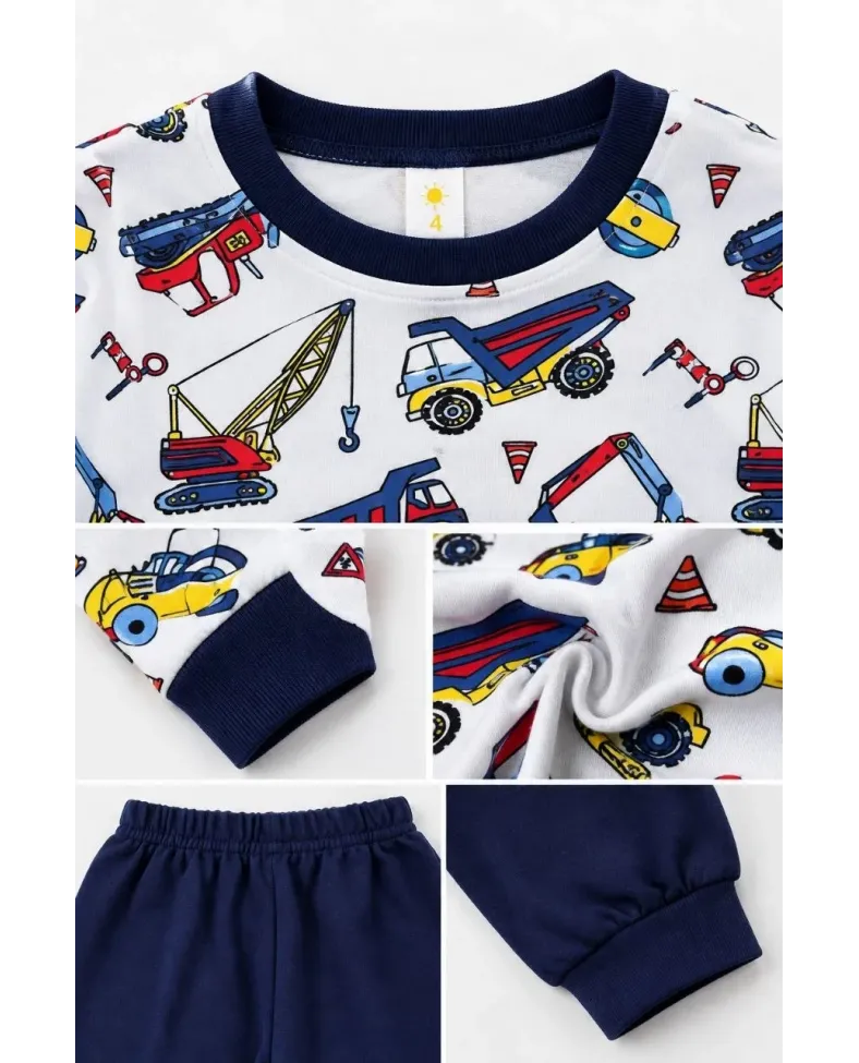 Erkek Çocuk Premium Penye İş Makinesi Desenli Uzun Kollu Pijama Takımı 2-11 Yaş - Lacivert