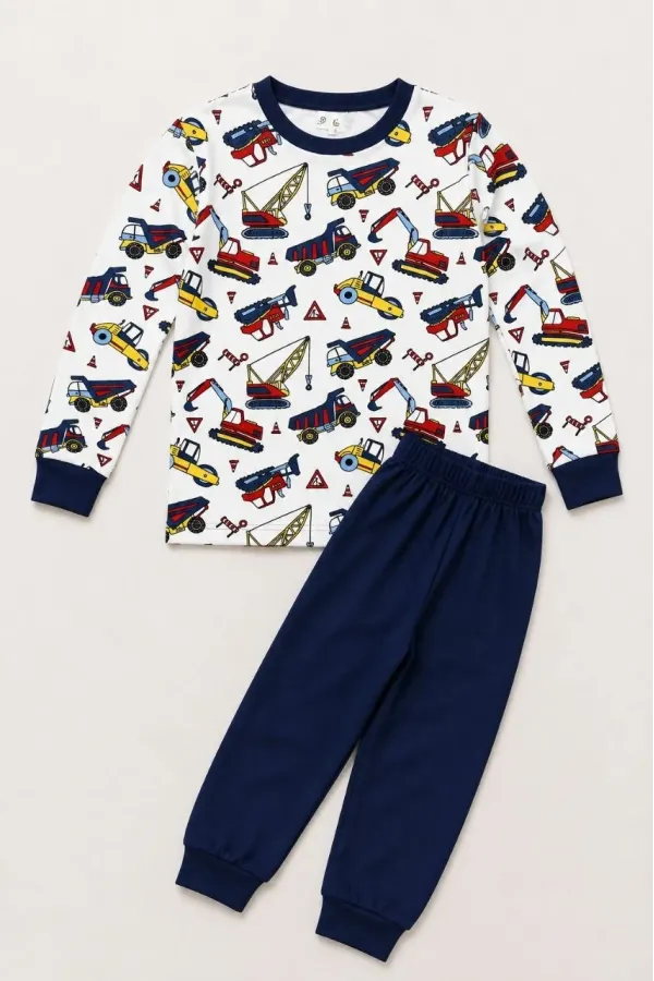 Erkek Çocuk Premium Penye İş Makinesi Desenli Uzun Kollu Pijama Takımı 2-11 Yaş - Lacivert