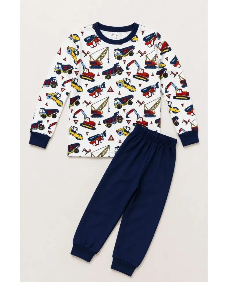 Erkek Çocuk Premium Penye İş Makinesi Desenli Uzun Kollu Pijama Takımı 2-11 Yaş - Lacivert