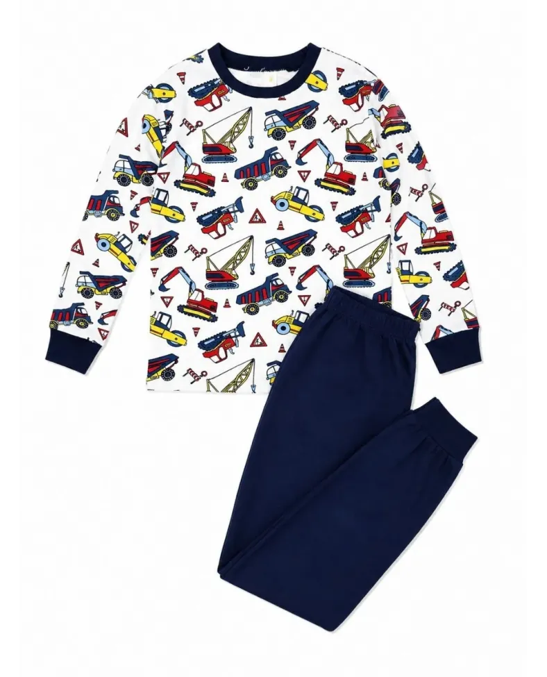Erkek Çocuk Premium Penye İş Makinesi Desenli Uzun Kollu Pijama Takımı 2-11 Yaş - Lacivert
