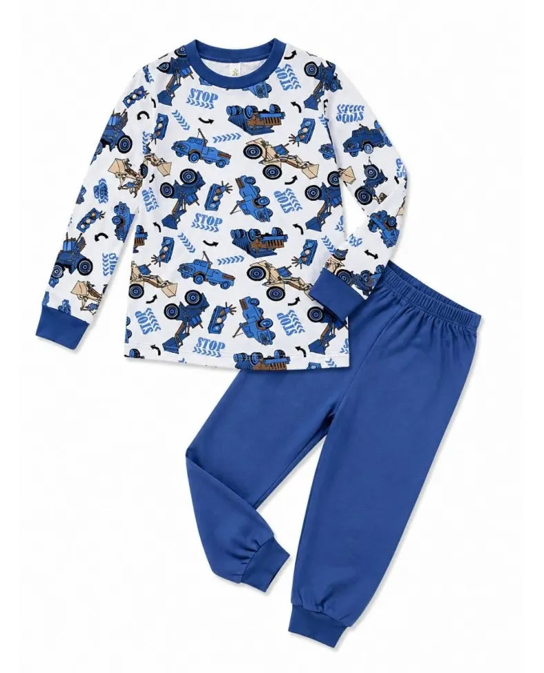 Erkek Çocuk Premium Penye İş Makinesi Desenli Uzun Kollu Pijama Takımı 2-11 Yaş - Mavi