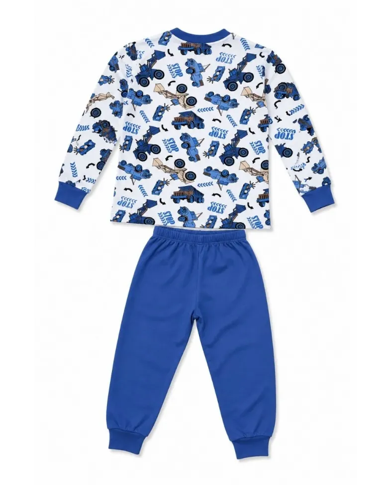 Erkek Çocuk Premium Penye İş Makinesi Desenli Uzun Kollu Pijama Takımı 2-11 Yaş - Mavi