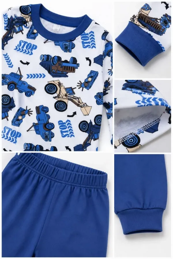 Erkek Çocuk Premium Penye İş Makinesi Desenli Uzun Kollu Pijama Takımı 2-11 Yaş - Mavi