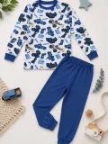 Erkek Çocuk Premium Penye İş Makinesi Desenli Uzun Kollu Pijama Takımı 2-11 Yaş - Mavi