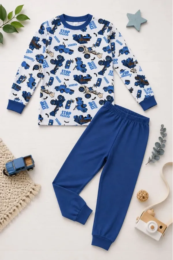 Erkek Çocuk Premium Penye İş Makinesi Desenli Uzun Kollu Pijama Takımı 2-11 Yaş - Mavi