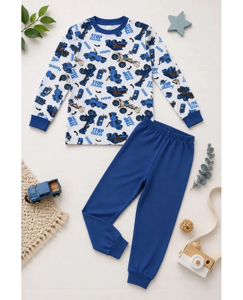 Erkek Çocuk Premium Penye İş Makinesi Desenli Uzun Kollu Pijama Takımı 2-11 Yaş - Mavi