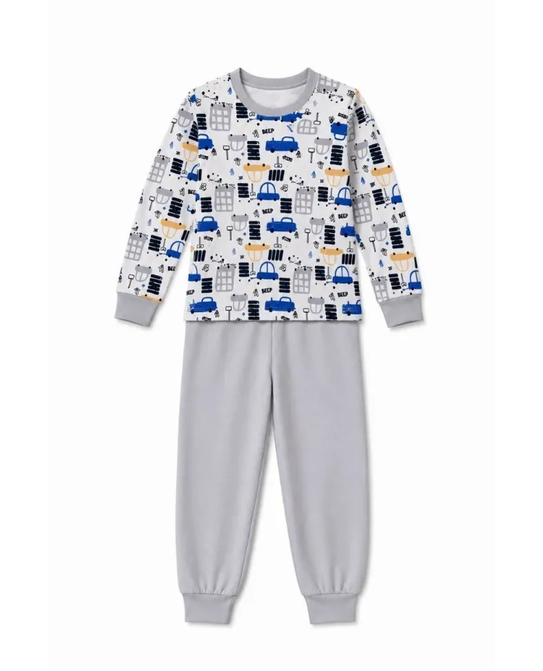 Erkek Çocuk Premium Penye Uzun Kollu Desenli Pijama Takımı 2-11 Yaş - Gri
