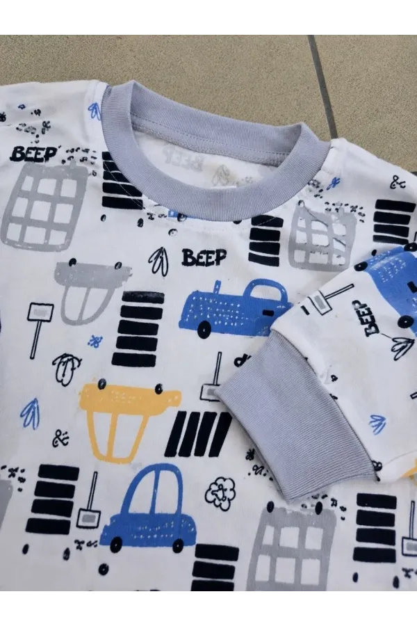 Erkek Çocuk Premium Penye Uzun Kollu Desenli Pijama Takımı 2-11 Yaş - Gri